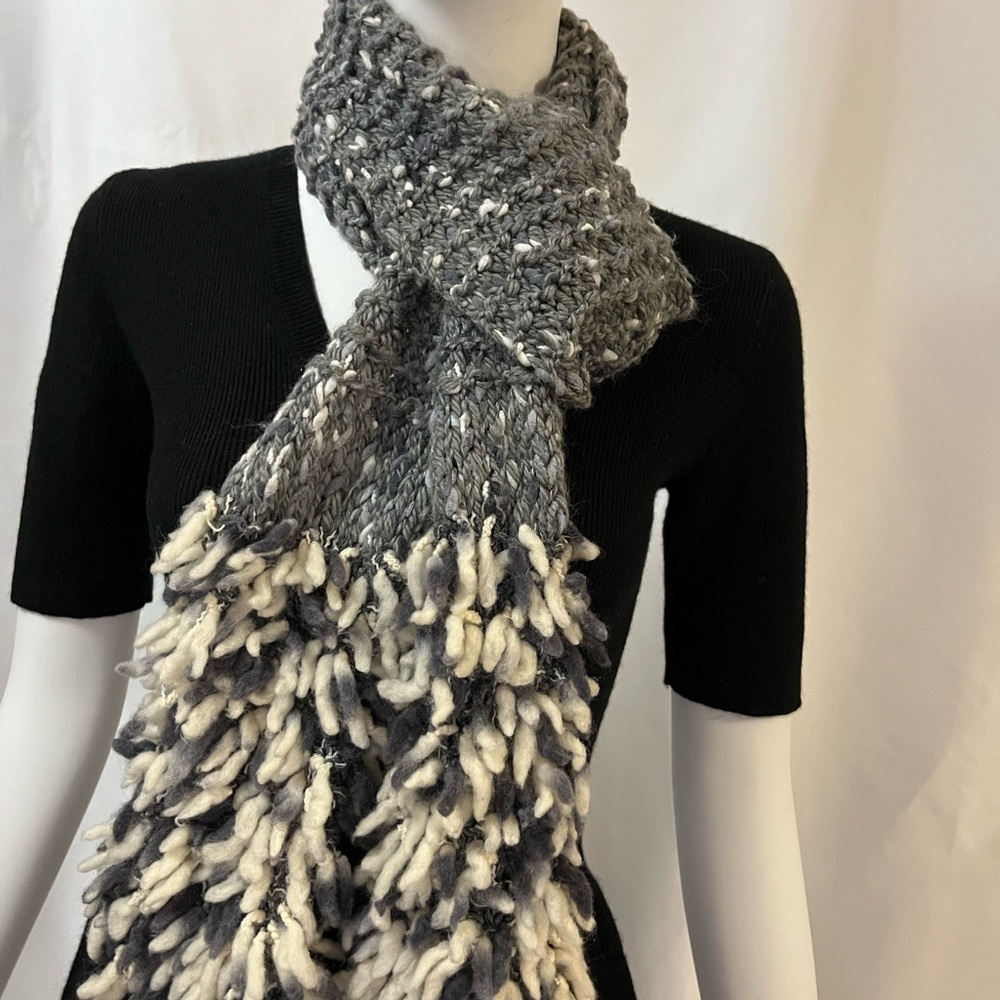 Hand Knit Soft Chunky Gray and Cream Women's Scarf with knit detail on end. - Picture 1 of 4